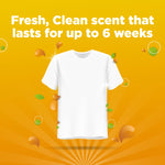 Graphic on orange background stating scent claim with an illustrated white t-shirt and decorative scent droplets