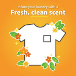 Graphic of a T-shirt surrounded by flowers and leaves with text ‘Fresh, clean scent’ on orange background