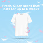 Graphic of a white T-shirt on a blue background with text 'Fresh, Clean scent that lasts for up to 6 weeks' and floating feathers.
