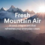 Mountain landscape background with large text reading Fresh Mountain Air and descriptive scent copy