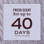 Typography graphic stating “Fresh scent for up to 40 days” on lavender-patterned background