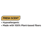 Simple feature graphic with 'Fresh Scent' header and bullets noting 'Hypoallergenic' and 'Made with 100% Plant-based fibers'