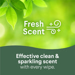 Graphic panel with green leaves and text reading “Fresh Scent” and a message about effective clean and sparkling scent