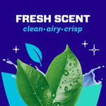 Graphic panel with wording Fresh Scent and stylized green leaves with water droplets on a dark blue background