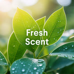 Close-up of green leaves with water droplets and 'Fresh Scent' text overlaid on blurred background