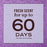 Purple promotional graphic stating “Fresh scent for up to 60 days” with decorative floral border and fine pattern background