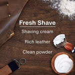 Graphic panel showing text 'Fresh Shave' with shaving-related props and scent notes on a wood background