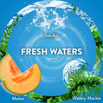 Round blue label graphic reading 'Fresh Waters' with melon slice and watery marine and sea air scent notes