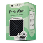 Fresh Wave branded small space odor remover boxed package showing a black pod through a front window and usage icons