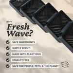 Row of black Fresh Wave pods angled diagonally with checklist-style badges listing safe ingredients and features