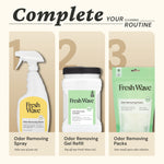 Promotional panel showing three Fresh Wave products - spray, gel refill, and odor removing packs - to complete a cleaning routine