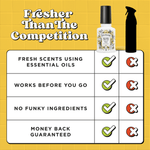 Comparison chart titled ‘Fresher Than The Competition’ showing Poo-Pourri bottle checked for benefits against a competitor silhouette.