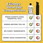 Comparison chart titled 'Fresher Than The Competition' showing checkmarks for Poo-Pourri versus crosses for a competitor aerosol bottle.