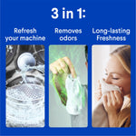 Blue infographic titled '3 in 1' showing machine drum, smelly clothing and person smelling fresh fabric for product benefits