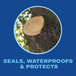 Close-up circular photo of a freshly cut tree limb against blurred foliage on a blue background with 'Seals, waterproofs & protects' text