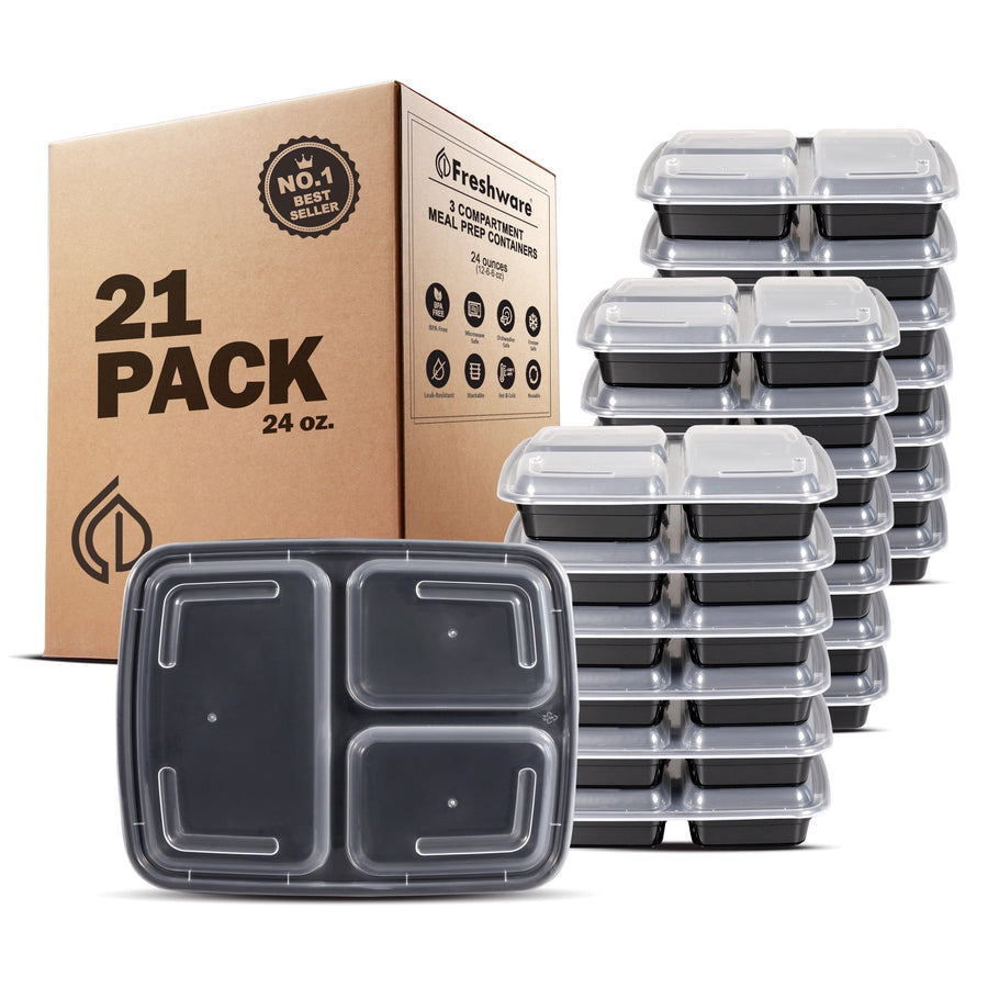 Stacked black three-compartment meal prep containers with clear lids beside a cardboard box labeled 21 pack