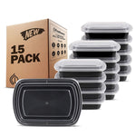 Stack of black meal prep containers with clear lids beside a cardboard box labeled '15 PACK' and Freshware logo.