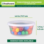 Single clear round Freshware container filled with colorful candy with measurements 4.6 in / 11.7 cm and 1.7 in / 4.3 cm shown