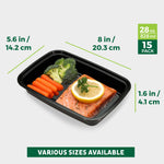 Single black meal prep container with clear lid removed, filled with salmon, carrots and broccoli and size callouts showing dimensions