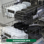 Multiple clear lids and black container bases arranged in dishwasher racks to illustrate dishwasher-safe capability