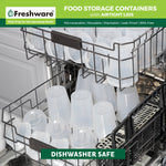 Multiple clear Freshware containers and lids arranged in a dishwasher rack, photo accompanied by dishwasher-safe graphic