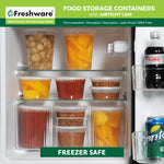 Clear Freshware round containers stored on refrigerator shelves and door, some filled with fruit, beans and sauces, freezer-safe claim