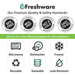 Freshware branded infographic showing icons for microwave, dishwasher, freezer, reusable, stackable and leak-resistant.