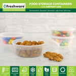 Three clear Freshware round containers with lids on a countertop, one filled with almonds and others with colorful candy, branded banner above