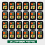 Array of identical black meal prep containers with clear lids, each filled with salmon, carrots and broccoli, arranged in a grid