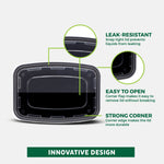 Close-up of clear lid on a black meal prep container with callouts highlighting leak-resistant lid, easy-open corner and strong corner