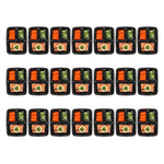 Array of multiple black three-compartment meal prep containers each filled with salmon, broccoli and baby carrots on white