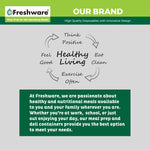 Graphic panel titled Our Brand with Freshware logo and a Healthy Living text diagram plus a brand message about meal prep