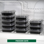 Stacks of black meal prep containers with clear lids stored on a freezer shelf, demonstrating freezer-safe use