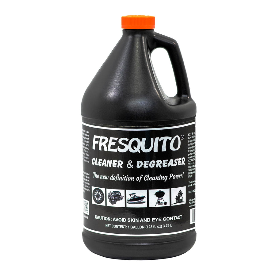 Black one-gallon Fresquito cleaner & degreaser jug with orange cap and front label