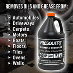 Fresquito gallon jug overlaid on mechanic background with list of surfaces it removes oils and grease from