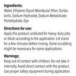 Close-up product label showing ingredients, directions for use, and warnings text for cleaner
