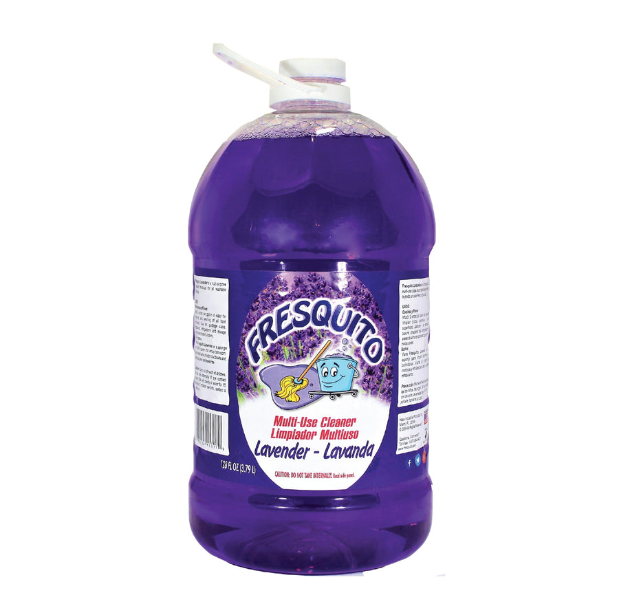 Clear plastic jug of purple Fresquito multi-use cleaner with lavender label and handle