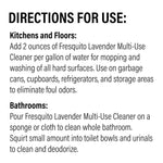 Printed directions for use for Fresquito Lavender Multi-Use Cleaner describing dilution and application for kitchens, floors, and bathrooms