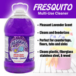 Fresquito lavender multi-use cleaner jug alongside text bullets highlighting pleasant scent and cleaning uses