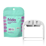 Teal Frida pouch labeled Electric Flosser Heads beside a white replacement flosser head against white background.