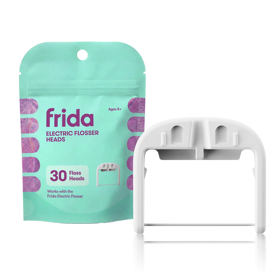 Teal Frida pouch labeled Electric Flosser Heads beside a white replacement flosser head against white background.