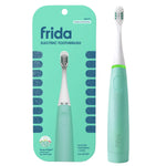 Mint teal Frida electric kids toothbrush shown with retail blister-card packaging and standalone toothbrush
