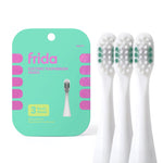 Frida branded mint-green card package for electric toothbrush replacement heads with three white brush heads shown
