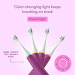 Four Frida electric toothbrushes fanned out showing white heads with green indicator bristles against pink background