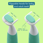 Two mint Flida flosser heads shown rotated to illustrate flippable positions for baby and adult teeth with explanatory labels