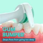 Detailed macro view of a Flida flosser head contacting teeth with on-image “GUM BUMPER” label and benefit text