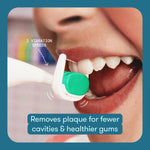 Close-up of a child’s mouth using a mint Frida electric flosser head with text callout about plaque removal