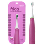 Fuchsia Frida kids electric toothbrush shown next to its pink branded blister card packaging with green-accented brush head.