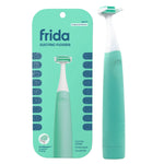 Mint teal Frida electric flosser standing beside its matching retail carded packaging on white background