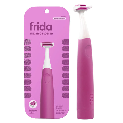 Frida electric flosser in pink shown beside its branded pink retail card packaging on a white background.
